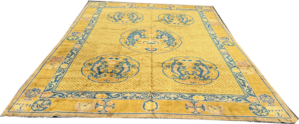 Antique 9' x 12' Gold Ningxia style Chinese Dragon Pattern Rug