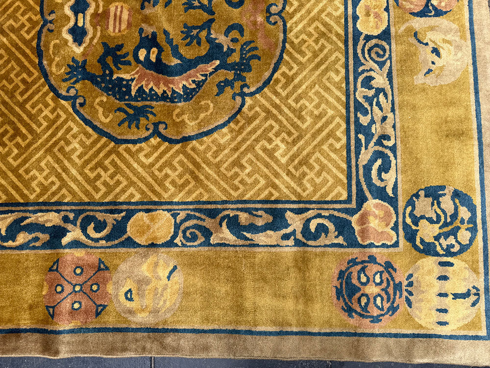 Antique 9' x 12' Gold Ningxia style Chinese Dragon Pattern Rug