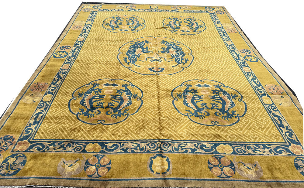 Antique 9' x 12' Gold Ningxia style Chinese Dragon Pattern Rug