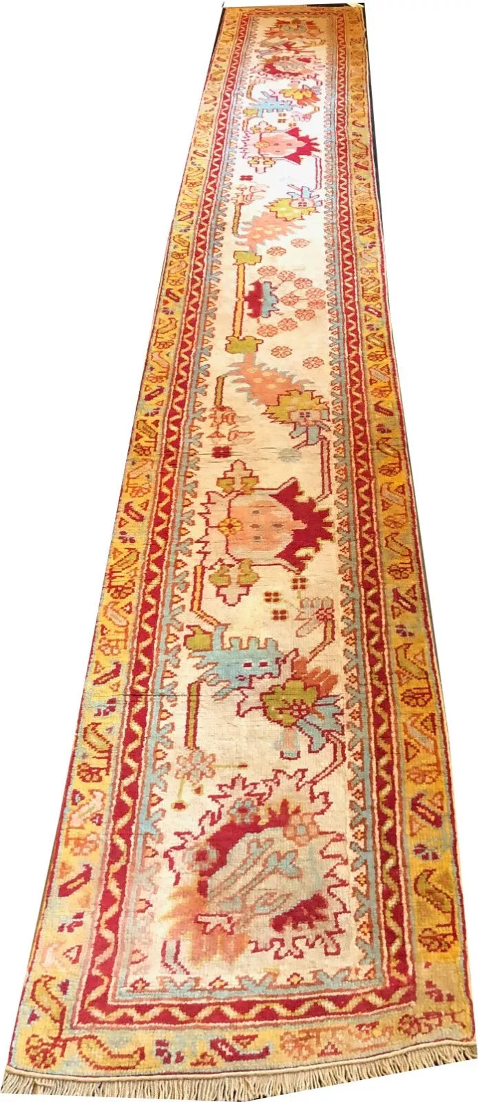 Antique 19th Century 2' x 14' Turkish Oushak Runner Rug