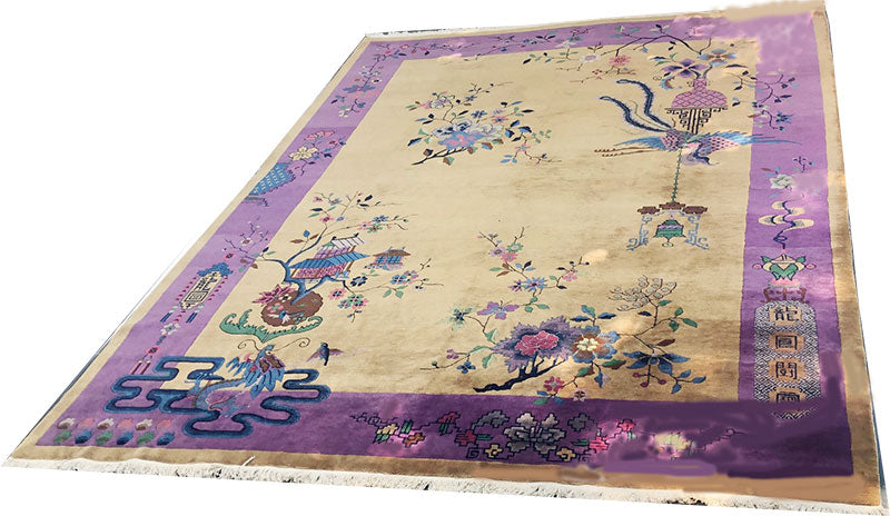 A 2nd To None Antique 9'x12' Light Gold/Purple Art Deco Chinese Rug