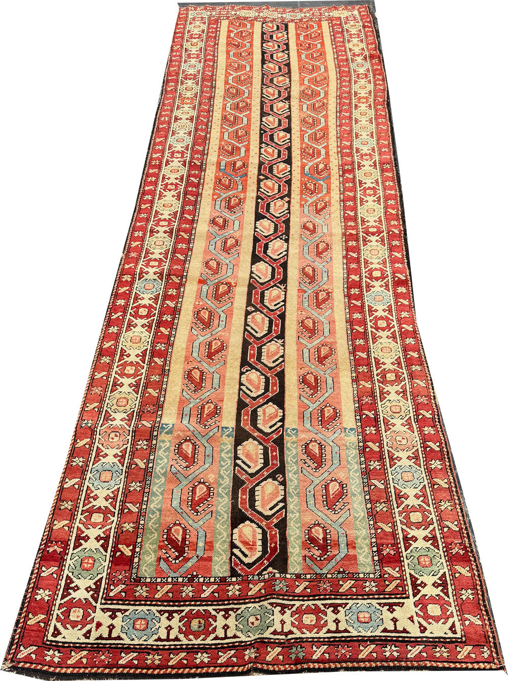 A Astonishing Antique Striple Design Caucasian Karabagh Runner Rug