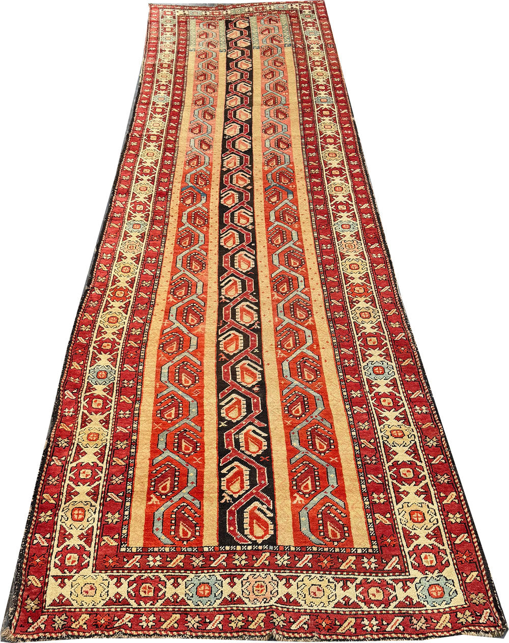 A Astonishing Antique Striple Design Caucasian Karabagh Runner Rug